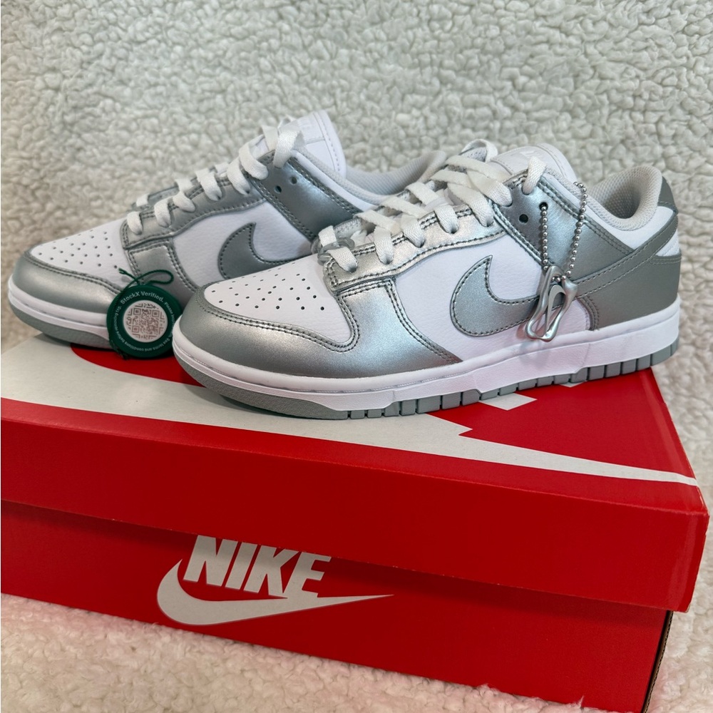 BRAND NEW: Nike Women’s Dunk Low - Metallic Silver and White Sneakers Size 7.5